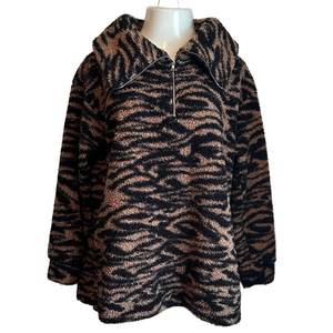 Cuddl Duds Curly Sherpa 1/2 Zip Pullover-Taupe Zebra- Medium